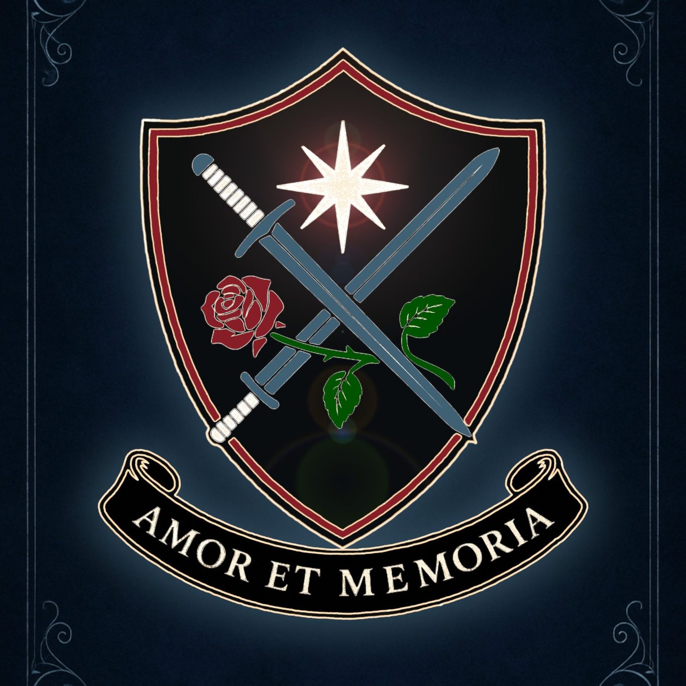 Crest with crossed swords, rose and star, symbolizing memory and emotion